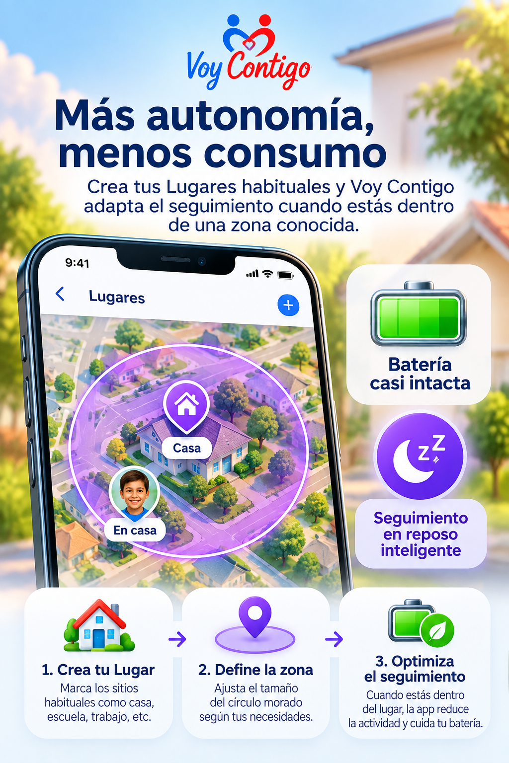 Reposo inteligente y ahorro de batería con Lugares de Voy Contigo